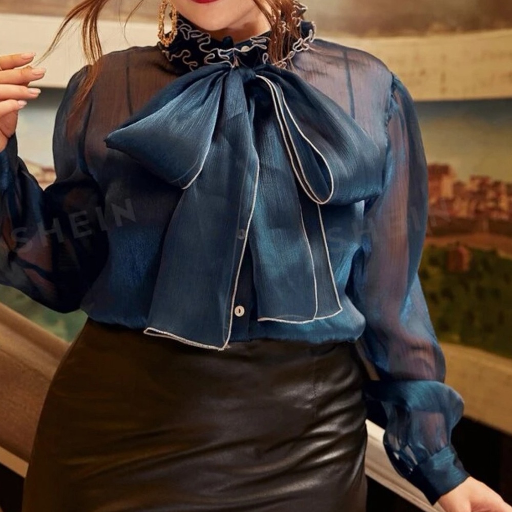 Shein Sheer blouse, long sleeves, Royal blue, women Plus size XL